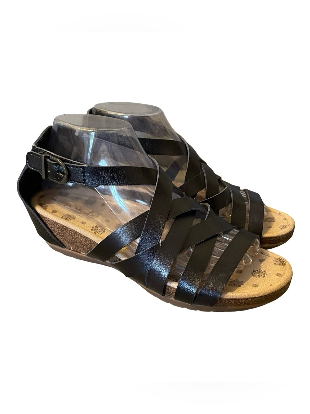 Womens Axxiom Naomi Wedge Sandal Man Made Black Cross Straps 8.5